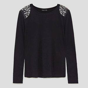 ZARA - Jeweled Embellished Padded Shoulders T-Shirt
